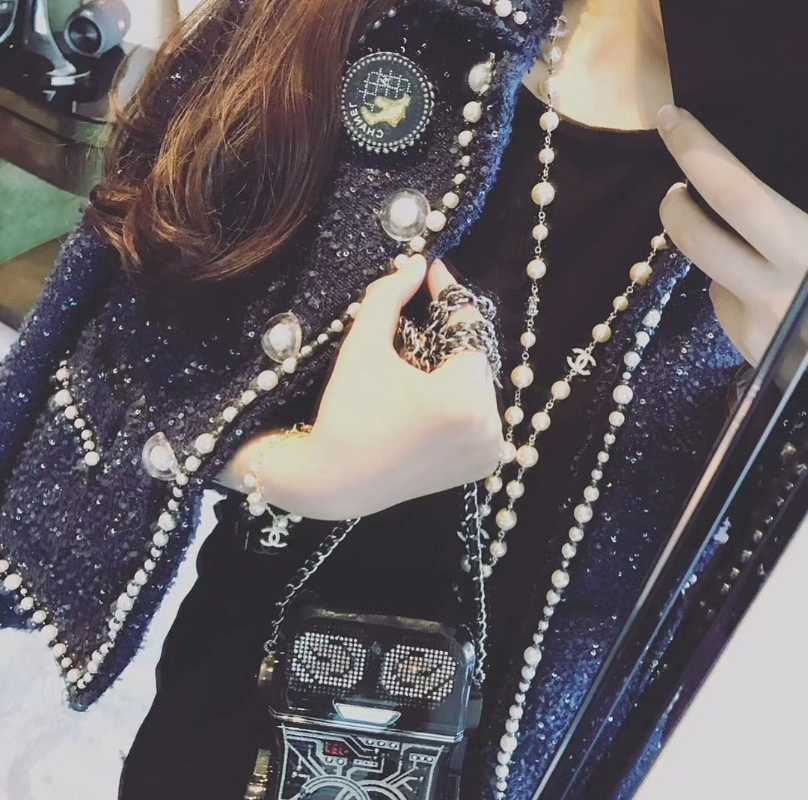 CHN120  Women's Classic Full Diamond C Pearl Necklace Sweater Chain Jewelry
