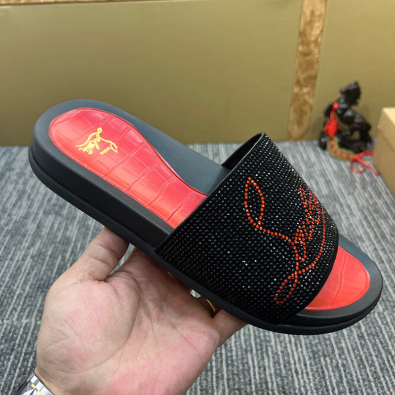 YCL10 Women Christian Louboutin Red Sole Rhinestone Leather Slippers High Quality With Box